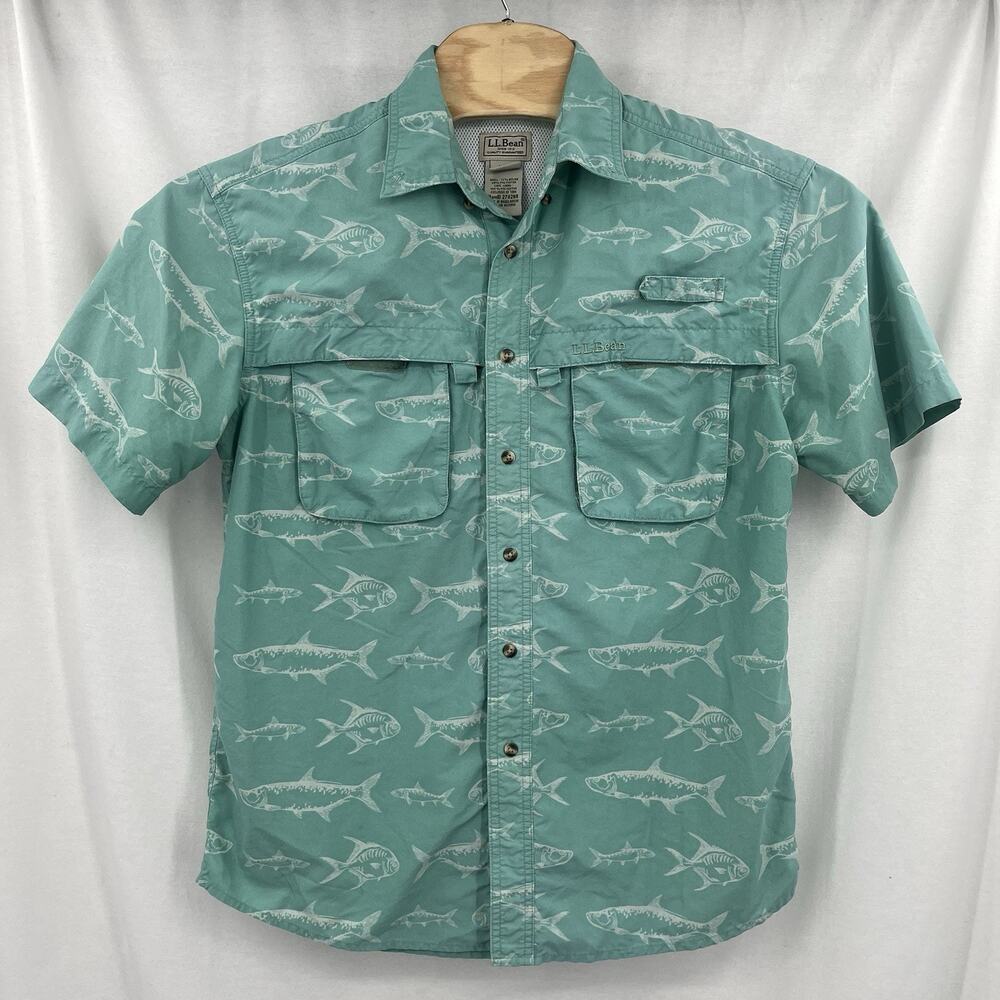 LL Bean Vented Fishing Shirt Short Sleeve Seafoam Tarpon Bone Fish Size Medium - Picture 3 of 4